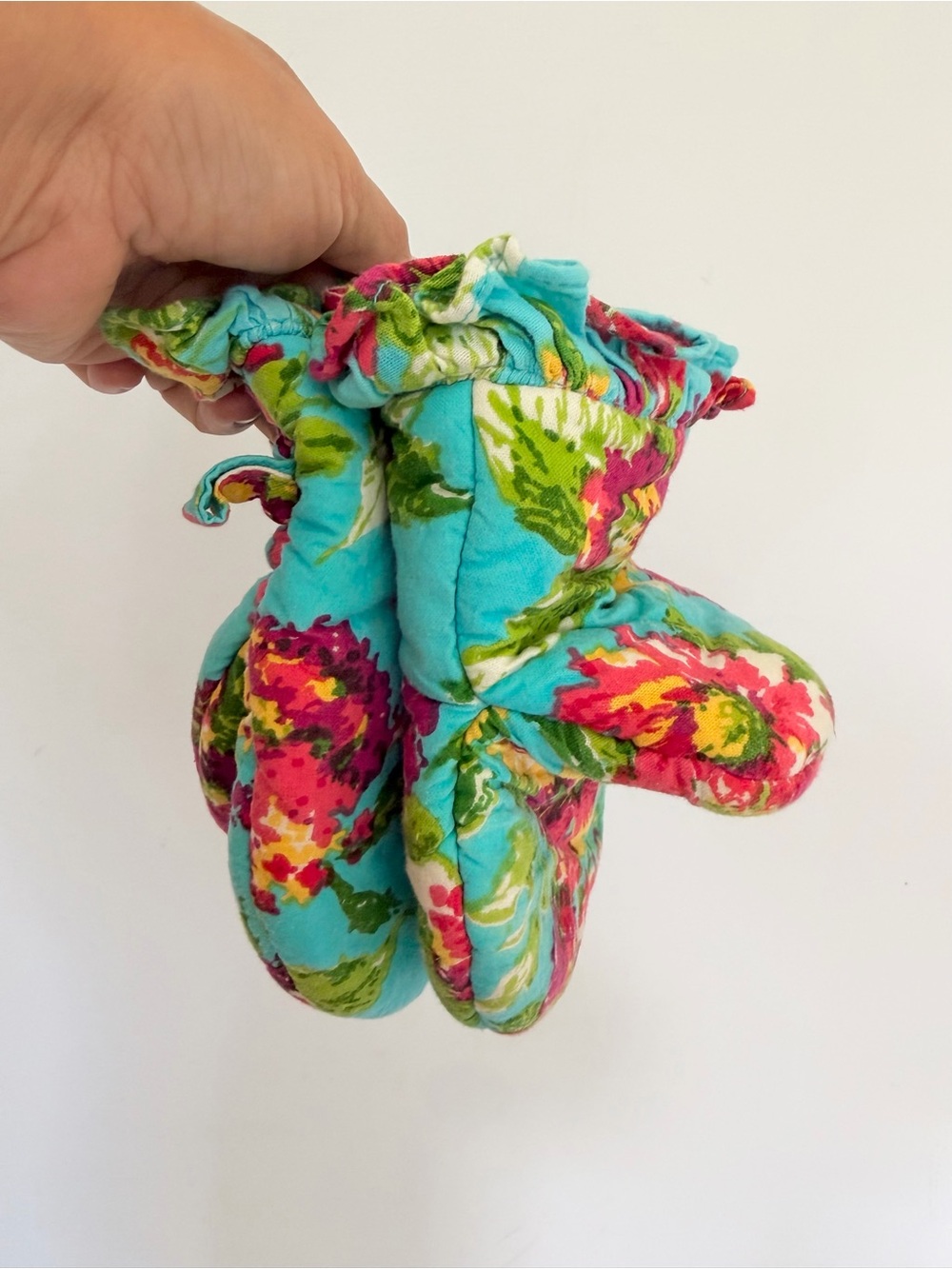 Set of 2 April Cornell Quilted Floral Oven Mitts in Turquoise and Pink w Ruffles